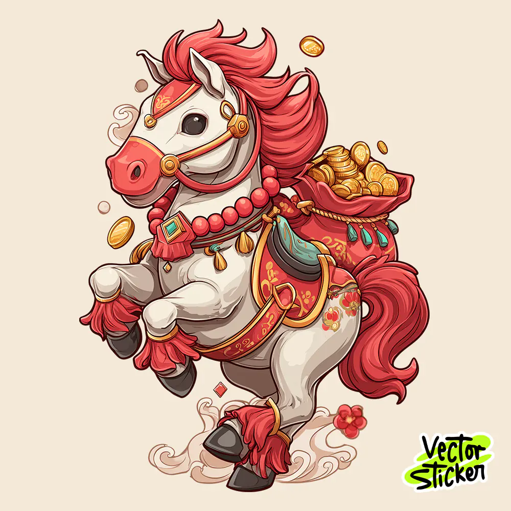Chinese New Year White Horse Carrying Gold Bag Cartoon Illustration