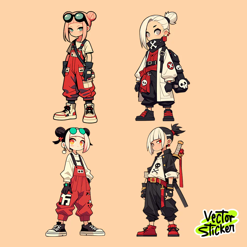 Street Chibi Anime Characters PNG Sticker Pack in Red and Black Style