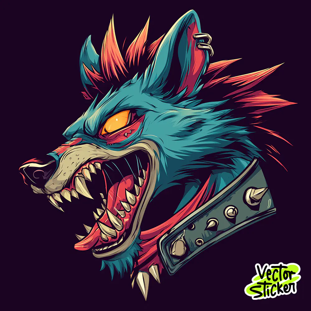 Punk Wolf T Shirt Cartoon Fierce Teal Red Design