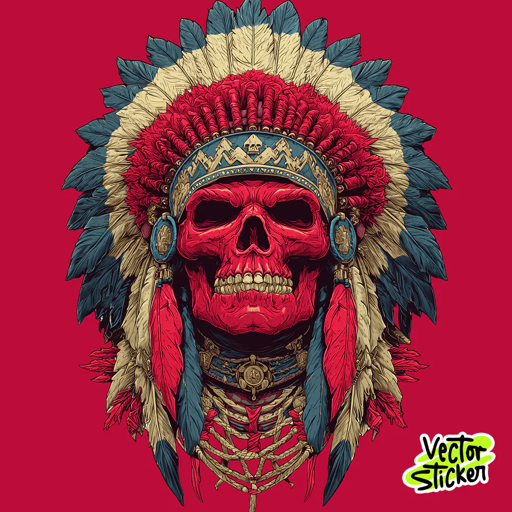 Tribal Skull Headdress T-Shirt Illustration with Red and Cream Detail Style