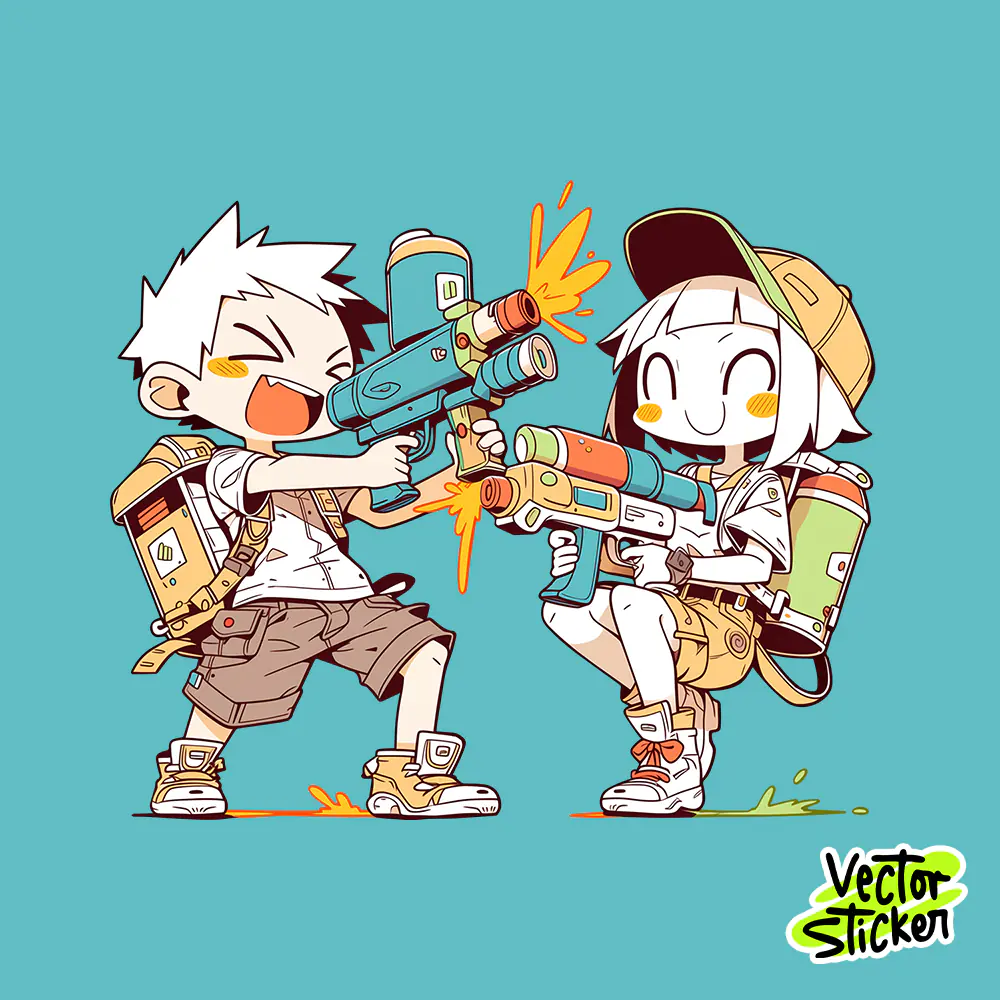 Thingyan Water Festival Chibi Couple Water Gun Fun Cartoon PNG
